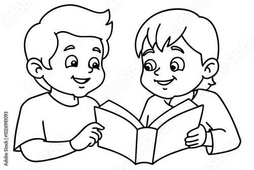  Coloring book page for children, two boys reading book together stock vector illustration