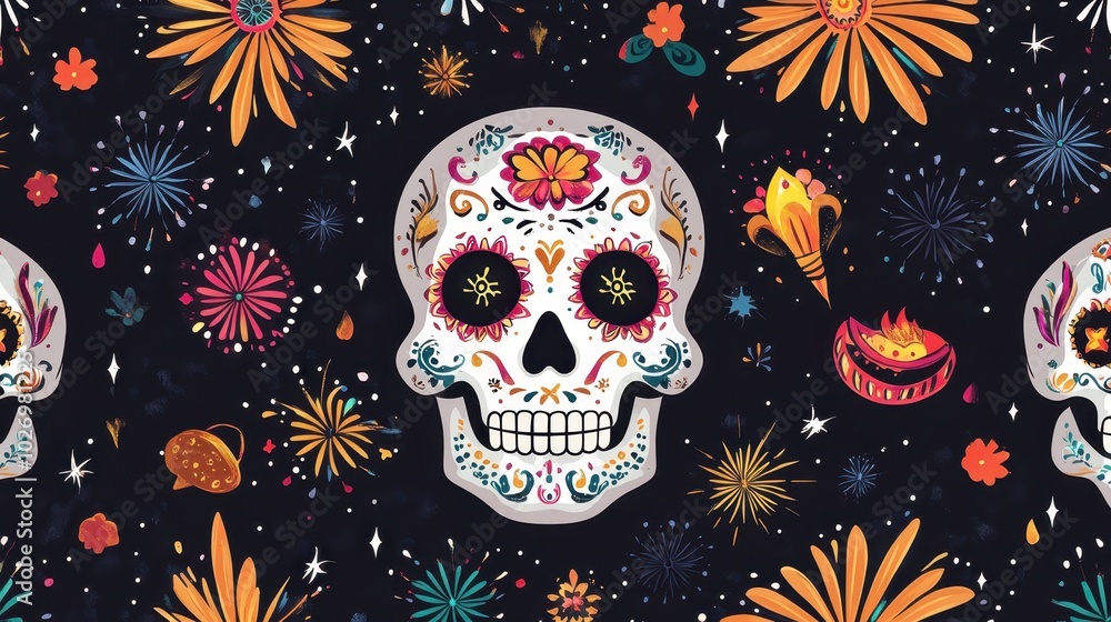 Colorful Dia de los Muertos sugar skulls and floral patterns on a dark background, celebrating the Mexican Day of the Dead with vibrant designs. Colorful Dia de los Muertos sugar skulls and floral patterns on a dark background, celebrating the Mexican Day of the Dead with vibrant designs.