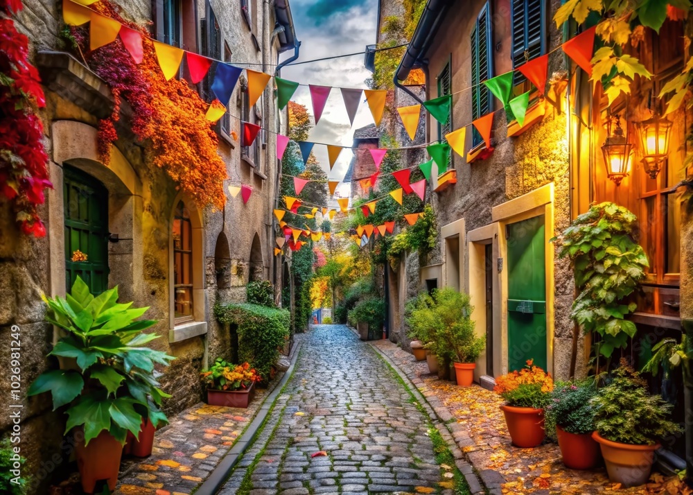 Fototapeta premium Narrow European Alleyway with Colorful Flags and Fall Festival Decor
