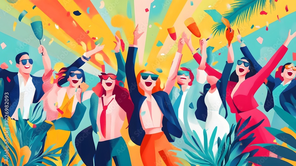Group of People Celebrates Joyfully with Confetti and Palm Trees Group of People Celebrates Joyfully with Confetti and Palm Trees