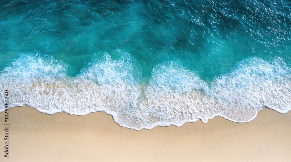 A top-down view of a turquoise ocean with small waves gently lapping against a white sand beach. A top-down view of a turquoise ocean with small waves gently lapping against a white sand beach.