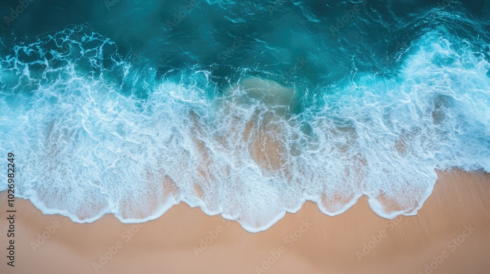A top-down view of a turquoise ocean with small waves gently lapping against a white sand beach. A top-down view of a turquoise ocean with small waves gently lapping against a white sand beach.