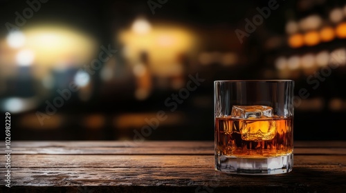 Glass of whiskey with ice on wooden bar counter in dimly lit cozy pub, perfect for relaxation and socializing.