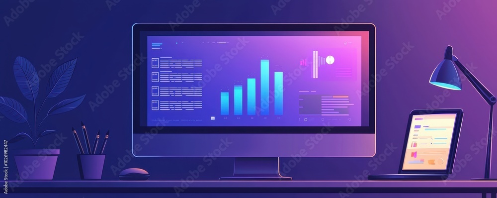 Modern workspace with desktop displaying data analysis and tablet on a desk with a lamp, in dark mode setting illuminated with purple light. Modern workspace with desktop displaying data analysis and tablet on a desk with a lamp, in dark mode setting illuminated with purple light.