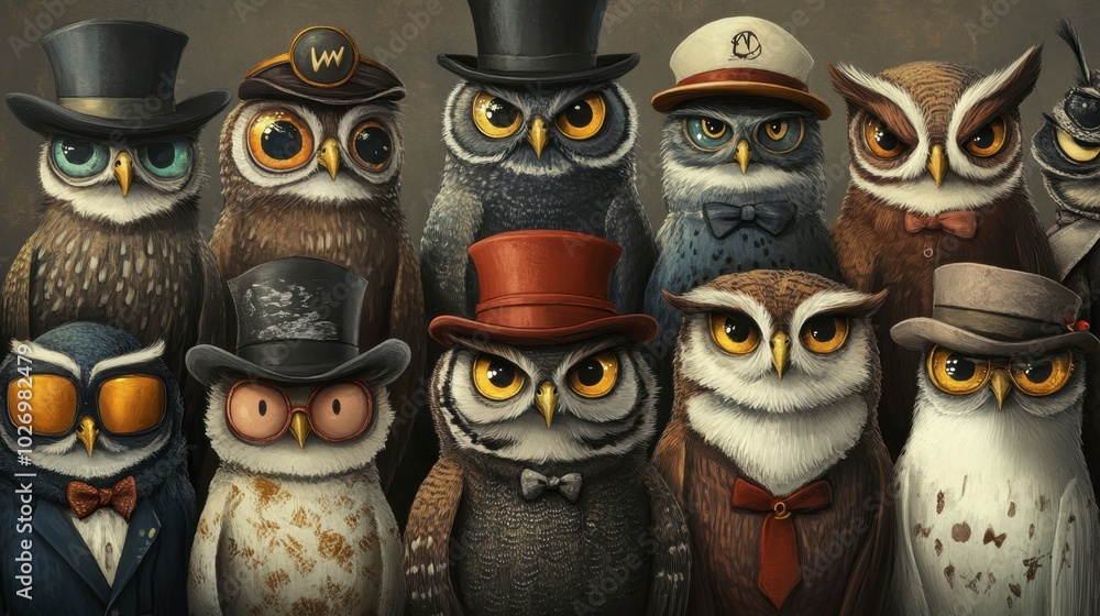 Fototapeta premium A Gathering of Dapper Owls in Formal Attire