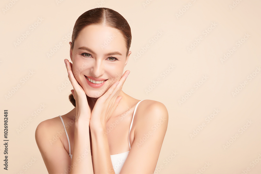 Beautiful young woman with clean fresh skin on beige background, Face care, Facial treatment, Cosmetology, beauty and spa, women portrait. Beautiful young woman with clean fresh skin on beige background, Face care, Facial treatment, Cosmetology, beauty and spa, women portrait.