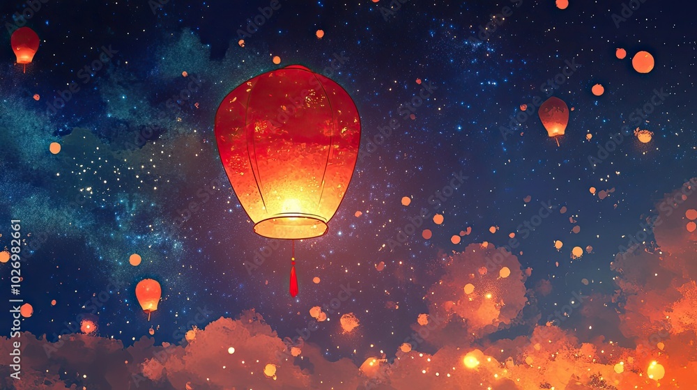 A traditional red lantern floating in the night sky during a festival, surrounded by stars A traditional red lantern floating in the night sky during a festival, surrounded by stars