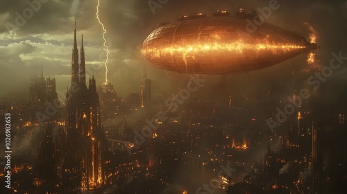 Burning Airship over Apocalyptic City with Lightning Strike