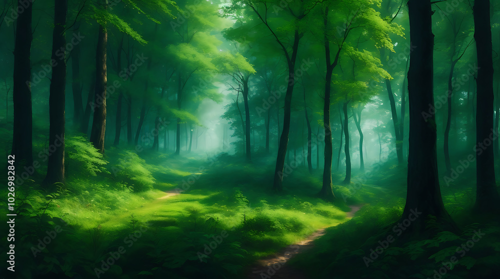 Obraz premium Illustration beautiful natural tropical green forest and the way high quality background.