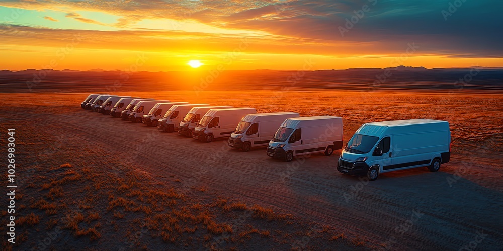 Row of white vans in a desert landscape at sunset. Row of white vans in a desert landscape at sunset.