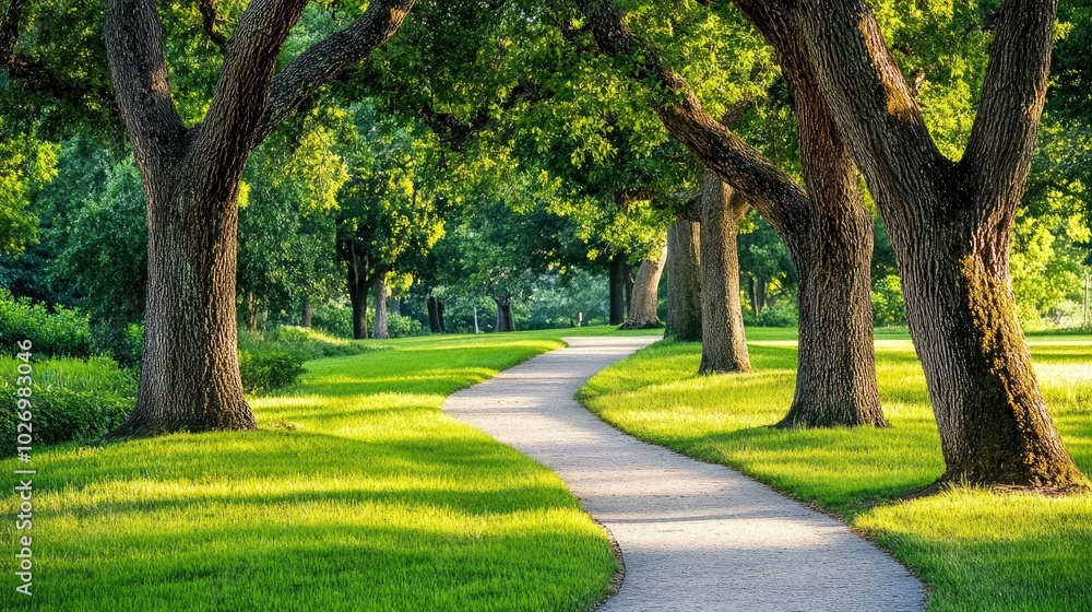 A tranquil park scene with green lawns, large oak trees, and a walking path winding through the serene landscape. A tranquil park scene with green lawns, large oak trees, and a walking path winding through the serene landscape.