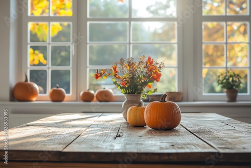 A rustic wooden table sits in front of a window with fall foliage and pumpkins.