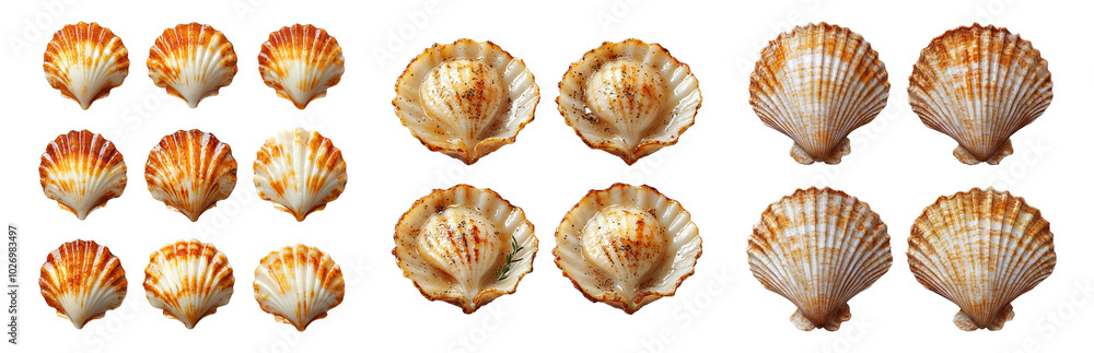 Various Colorful Scallop Shells on a White Background Isolated on Transparent Background Various Colorful Scallop Shells on a White Background Isolated on Transparent Background