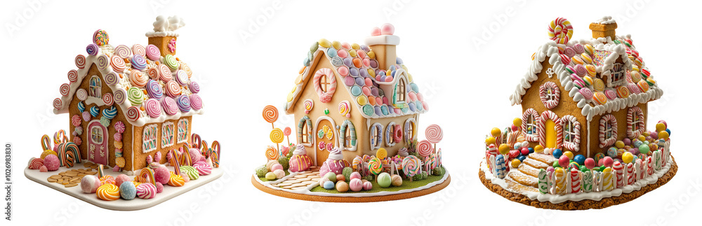 Fototapeta premium Colorful Gingerbread Houses for Holiday Decor Isolated on Transparent Background