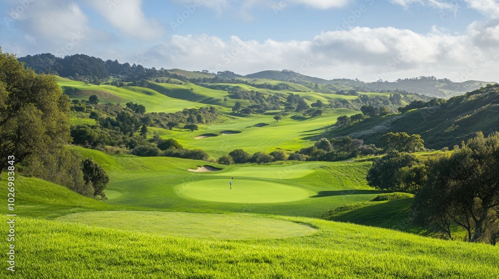 A vibrant green golf course stretching across rolling hills, with players in the distance and a bright blue sky above. A vibrant green golf course stretching across rolling hills, with players in the distance and a bright blue sky above.