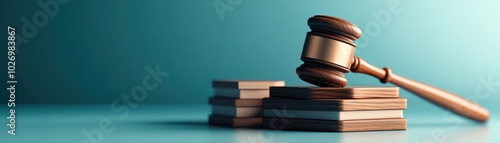 Gavel on law books, teal background photo