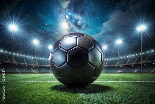 Night Photography of a Black Soccer Ball on the Field with Dramatic Lighting for Sports Enthusiasts