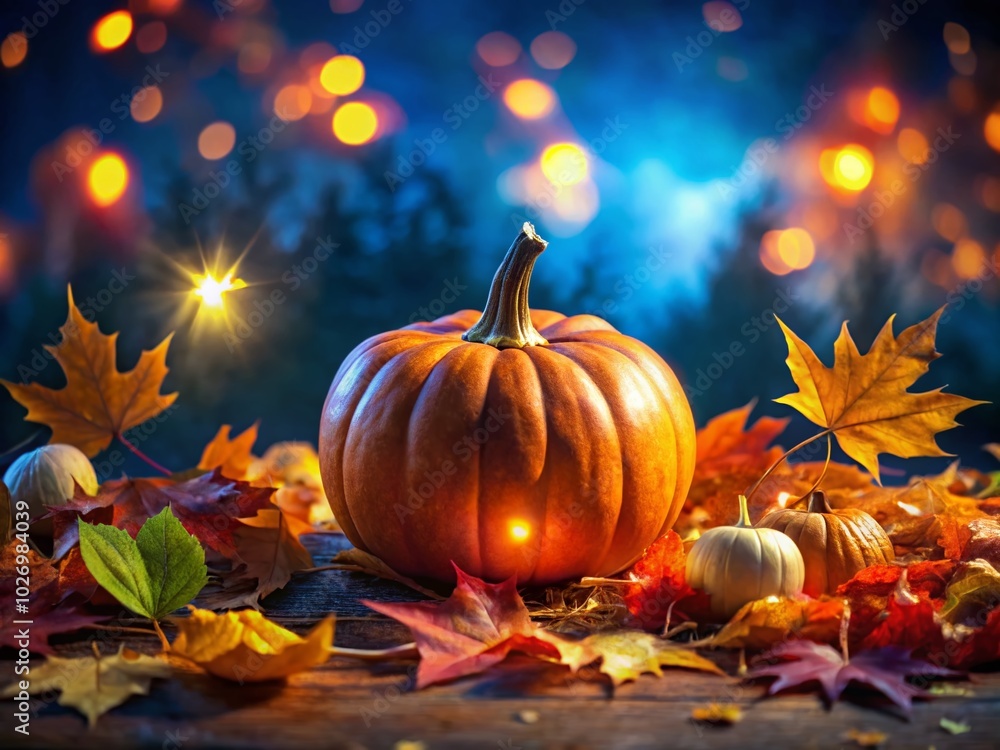 Night Photography of a Glowing Plastic Pumpkin Among Autumn Leaves for Halloween Decor Night Photography of a Glowing Plastic Pumpkin Among Autumn Leaves for Halloween Decor