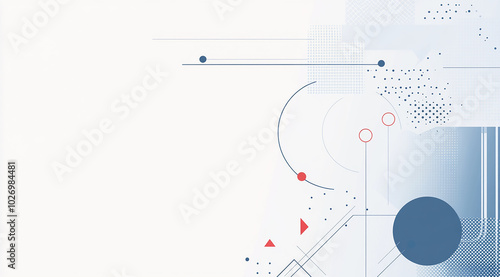 Abstract geometric background with blue, red, and white shapes, lines, and dots.