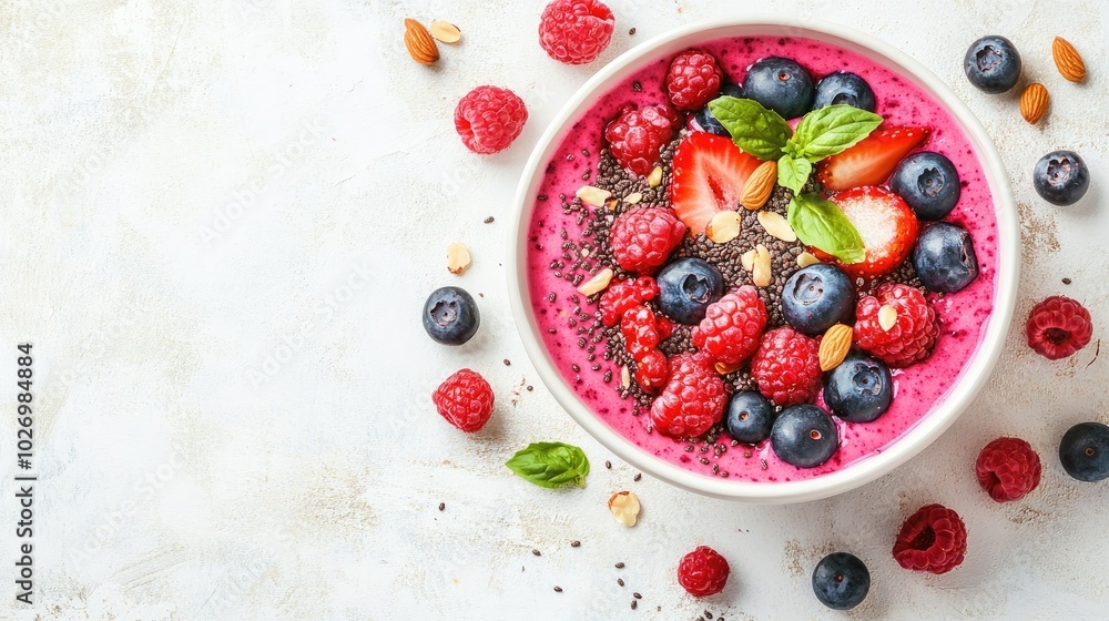 A vibrant pink smoothie bowl topped with fresh berries, nuts, and seeds, set against a white background A vibrant pink smoothie bowl topped with fresh berries, nuts, and seeds, set against a white background
