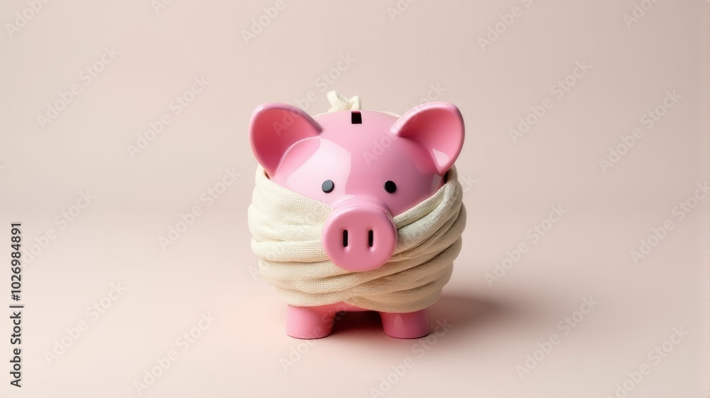 Pink Piggy Bank Wrapped in Bandages Placed Against a Bright Simple Background Pink Piggy Bank Wrapped in Bandages Placed Against a Bright Simple Background