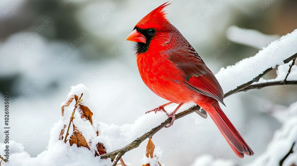A vibrant red cardinal standing on a snow-covered branch, contrasting with the white snow A vibrant red cardinal standing on a snow-covered branch, contrasting with the white snow