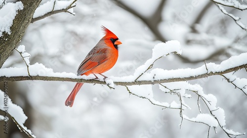 A vibrant red cardinal perched on a snow-covered branch in the winter forest