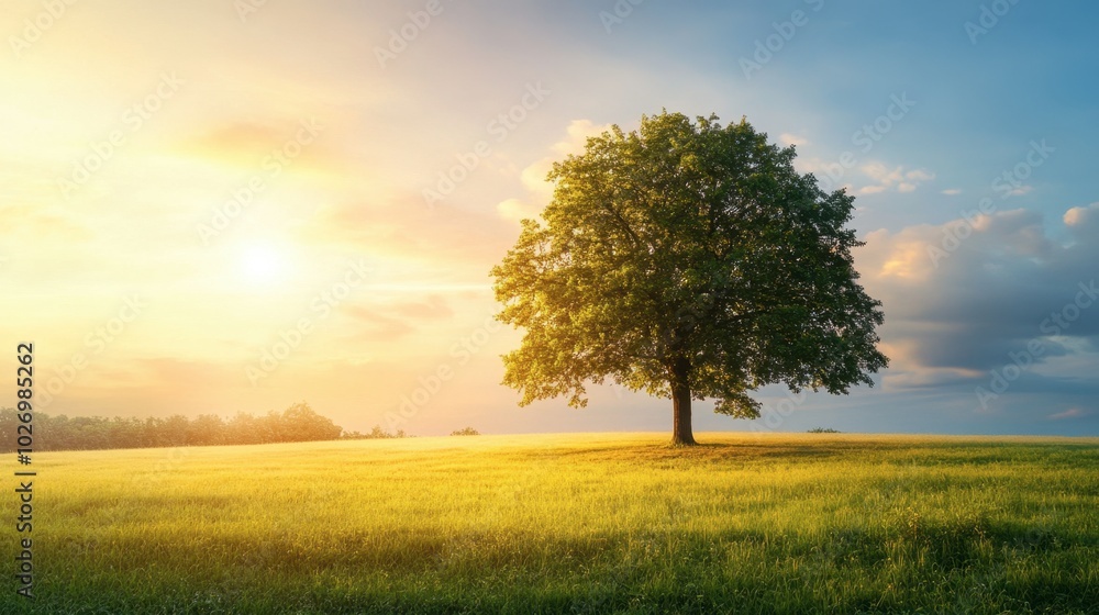 Serene Tree in Sunny Field at Dawn Serene Tree in Sunny Field at Dawn