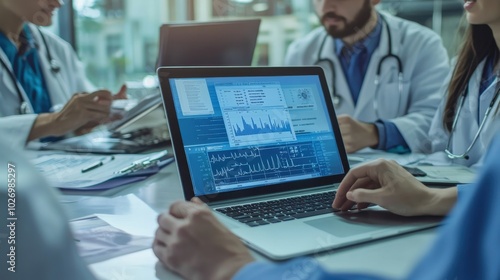 A group of doctors gathered around a laptop in a hospital meeting room, discussing a patient case and collaborating on treatment plans, with medical charts on the screen