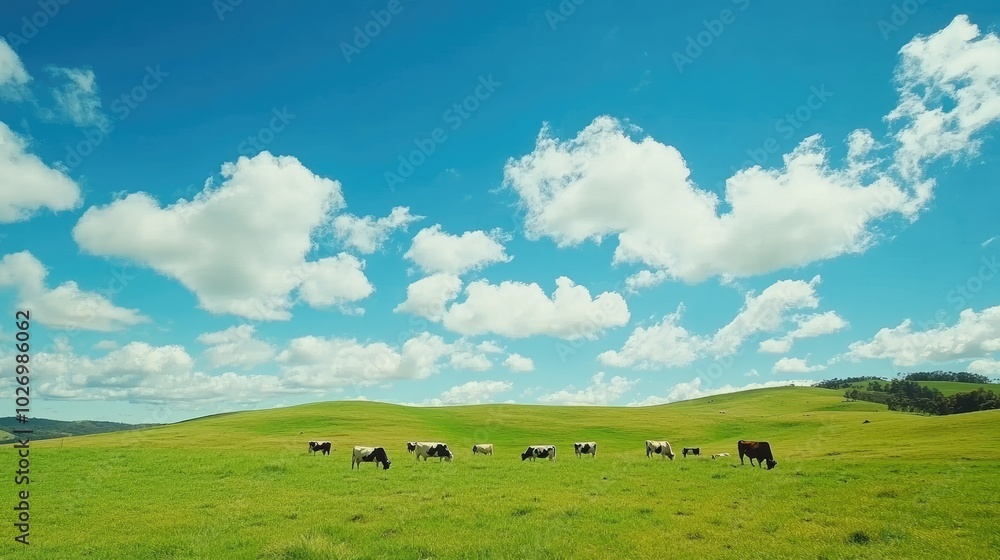 A wide open green pasture with grazing cows under a bright blue sky, capturing the essence of rural life. A wide open green pasture with grazing cows under a bright blue sky, capturing the essence of rural life.