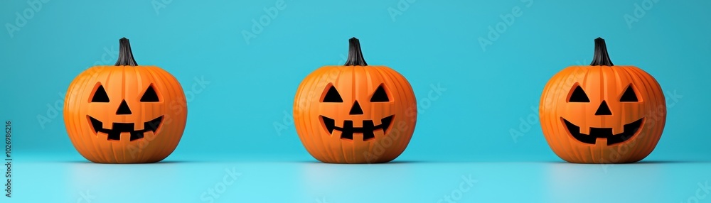 Three smiling jack-o'-lanterns against a bright turquoise background. Three smiling jack-o'-lanterns against a bright turquoise background.