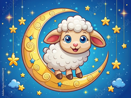 Cute Aries Zodiac Lamb on Crescent Moon for Eid al-Adha Celebration photo