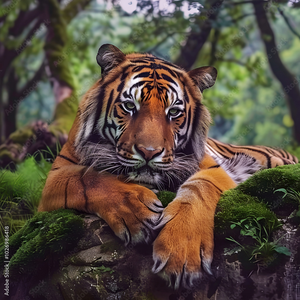 Fototapeta premium close-up of a tiger lying down in a forest