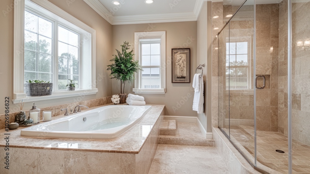 Elegant bathroom with a sunken bathtub, glass-enclosed shower, and marble tiles reflecting natural light. Elegant bathroom with a sunken bathtub, glass-enclosed shower, and marble tiles reflecting natural light.
