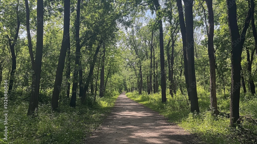 Obraz premium Serene Pathway Through a Lush Green Forest