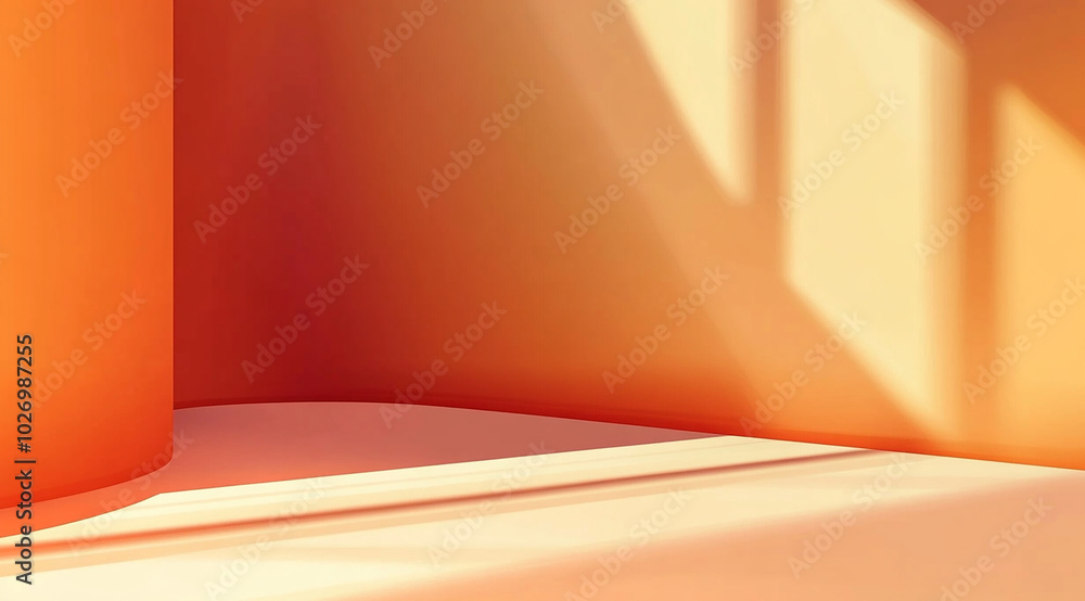 Sunlight streams through a window casting long shadows on a minimalist, muted orange wall. Sunlight streams through a window casting long shadows on a minimalist, muted orange wall.