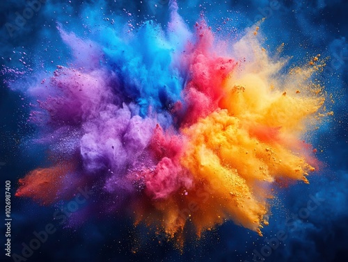 dynamic explosion of colorful rainbow holi paint, illustrating a vibrant splash of color powder, encapsulating the festive spirit and joy of celebration in a lively, energetic composition