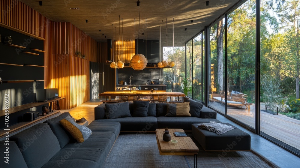 Spacious dark living room with modern grey furniture, oak wood slat walls, panoramic windows, and hanging lights creating a serene, open environment. Spacious dark living room with modern grey furniture, oak wood slat walls, panoramic windows, and hanging lights creating a serene, open environment.