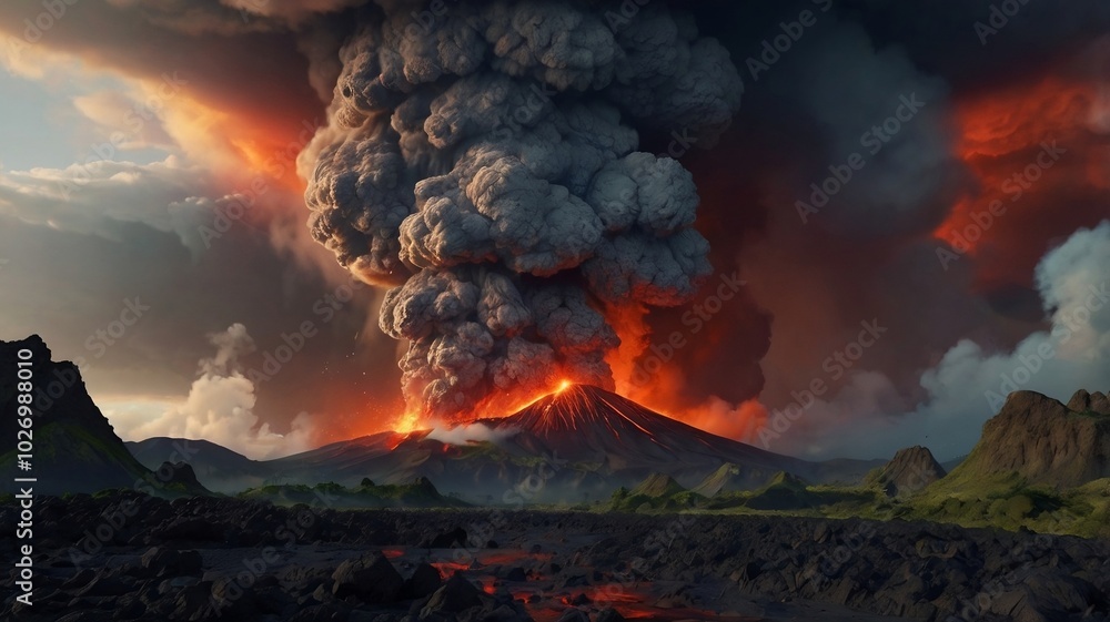 Fototapeta premium volcanic eruption landscape, natural disaster concept view. generative ai