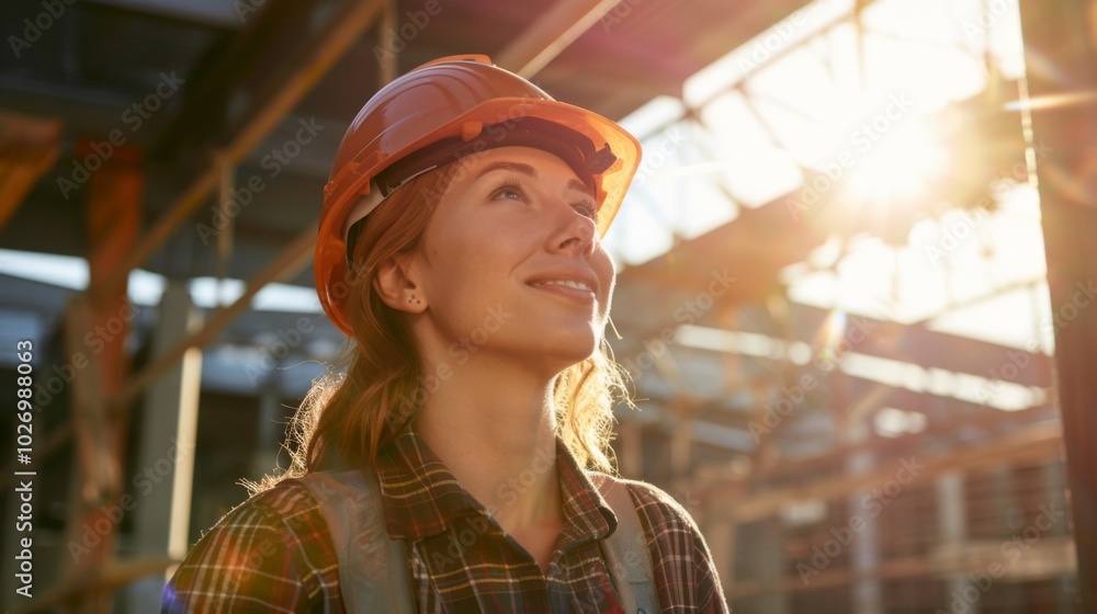 A Smiling Female Construction Worker Wearing a Hard Hat A Smiling Female Construction Worker Wearing a Hard Hat