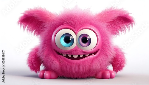 Adorable pink fluffy monster with big, bright eyes and a cheerful grin, playfully posing against a clean white background.