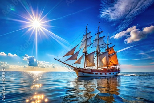 Majestic Sailing Vessel Gliding Through Tranquil Waters Under Clear Blue Sky and Bright Sunlight