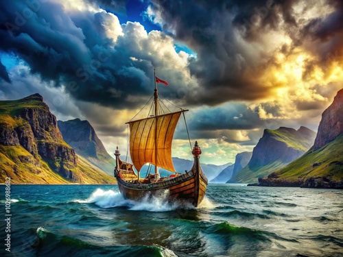 Majestic Viking Ship Sailing Through Stormy Seas with Dramatic Clouds and Rugged Landscape Background