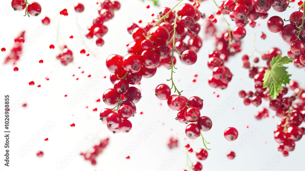 Close-up of a bunch of red currant berries on a branch. Red currant berries are scattered all over the background. The concept of abundance and freshness, as well as the beauty of nature Close-up of a bunch of red currant berries on a branch. Red currant berries are scattered all over the background. The concept of abundance and freshness, as well as the beauty of nature