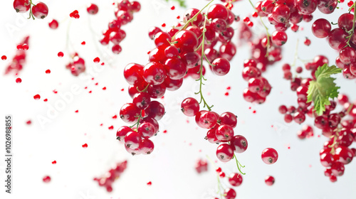 Close-up of a bunch of red currant berries on a branch. Red currant berries are scattered all over the background. The concept of abundance and freshness, as well as the beauty of nature