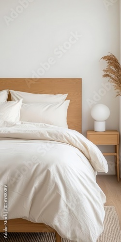 Japandi bedroom with neutral bedding, wooden headboard, and soft lighting for a calm, serene vibe neutral bedding, wooden headboard, soft lighting