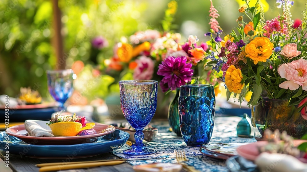 Vibrant Garden Table Setup with Colorful Flowers Vibrant Garden Table Setup with Colorful Flowers