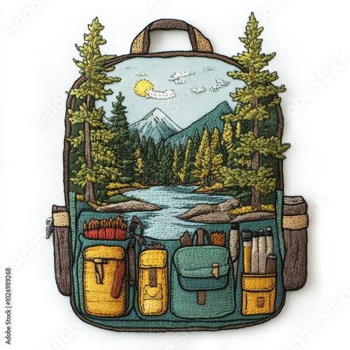 Backpack featuring a scenic mountain and river embroidered patch badge on isolated white background, vector badge and patch collection for print or embroidery photo