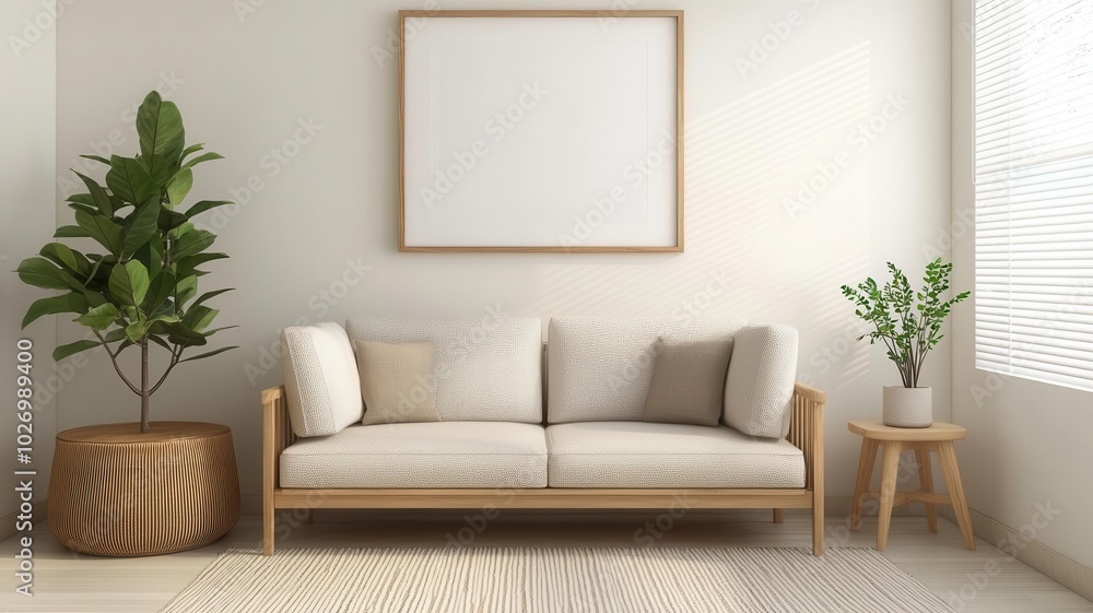 Fototapeta premium Japandi living room with a neutral color palette, wooden accents, and a simple indoor plant arrangement neutral palette, wooden accents, minimalist decor