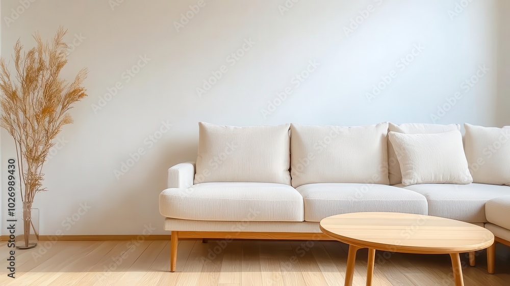 Japandi living room with a beige sectional sofa, minimalist coffee table, and light wood flooring beige sectional, minimalist table, wood flooring Japandi living room with a beige sectional sofa, minimalist coffee table, and light wood flooring beige sectional, minimalist table, wood flooring